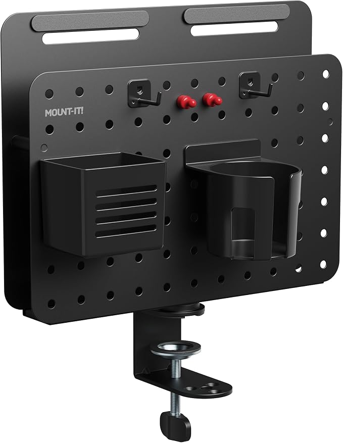Mount-It! Desk Mounted Pegboard Organizer with 360° Rotation | Includes Cup Holder, Pen Holder, Hooks & Magnets | Clamp-on Desk Storage for Home Office, Workshop, Crafting Station (Black)