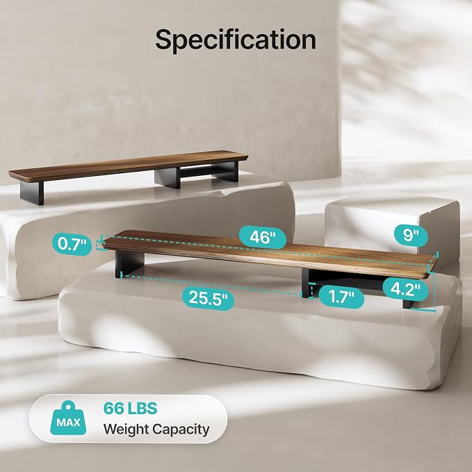 PEGZONE Dual Monitor Riser with Integrated Metal Shelf, Large Walnut Wooden Desk Shelf for 2 Monitors/TV, Monitor Stand Riser for Desk, Wood Monitor Stand Organizer for Home Office，Wide 46"
