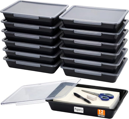 Tinlade 12 Pcs Classroom Paper Storage Bins with Clear Latching Lid, Label Stackable Letter Size Flat Tray Container for Teacher Back to School Supplies Home Office Desk Arts Crafts (Black,13x10in)