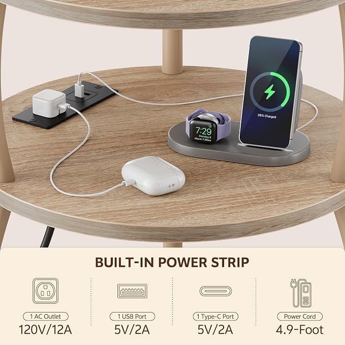 Round Side Table with Power Outlets, Type-C, 15.75 in Small Coffee Table with Basket, Space Saving End Table 3-Tier Bedside Corner Table Stand for Living Room, Bedroom, Garden Light Oak