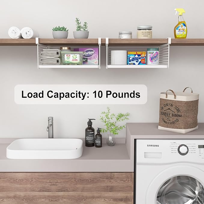 Under Shelf Storage Basket, Hanging Wire Basket with 1.13 Inches Thick Clips for Kitchen, Pantry or Laundry Room, Under Cabinet or Desk Storage Organizer, White, 13.75" L-Solid Bottom, 2 Pack