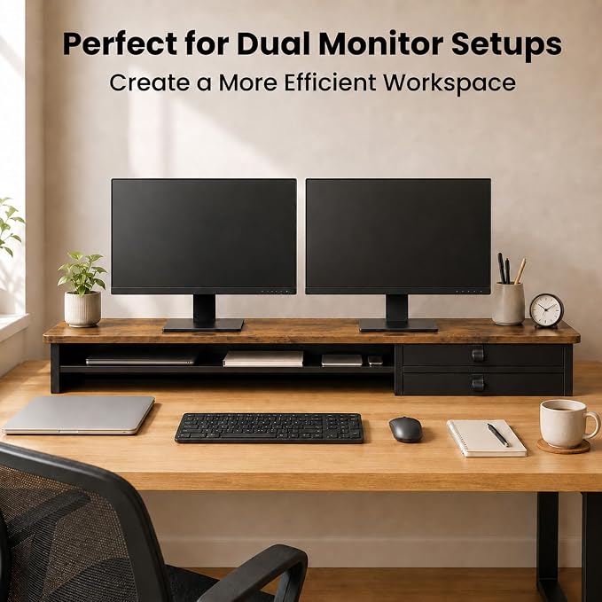 Dual Monitor Stand, 42.5 Inch Wood Monitor Riser with Drawers, 2 Tier Desktop Organizer for Computer Laptop TV, Large Screen Stand for Home Office Desk
