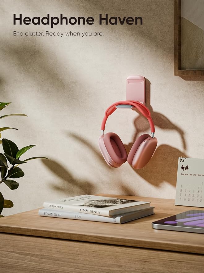 MAMUVIMO Headphone Stand, 2 Pack Headset Stand Foldable＆Sticky, Headphone Holder Hook Mount with Non-Slip Silicone, Adhesive Earphone Desk Hanger Clip Space-Saving for Airpods Max, All Earphones-Pink