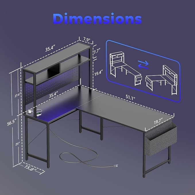 Mericonia 51 inch Large L Shaped Desk with Pegboard Hutch & Shelves, Corner Gaming Desk with Power Outlet, LED Light & Storage Bag, Reversible Computer Desk for Home, Bedroom, Office Workspace, Black