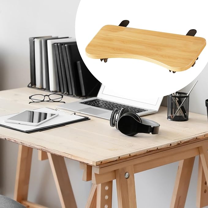 HouseVibe Desk Extension Tray Side Table Workstation Organizer Multifunctional Foldable Space Saving Table Arm Rest Clamp on Desk Shelf Wood 2 Clamp 52cmx24cm