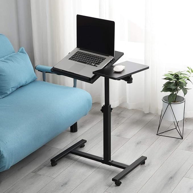 TigerDad Overbed Bedside Desk Mobile Rolling Laptop Stand Tilting Overbed Table with Wheels Height Adjustable Tray Table for Laptop Bed Sofa Side Table (Black)