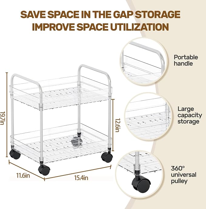 2 Tier Utility Rolling Cart with Wheels Multifunctional Storage Cart Under Desk Storage Organizer with Handle and Hooks for Home Kitchen Office Bathroom Organization Transparent
