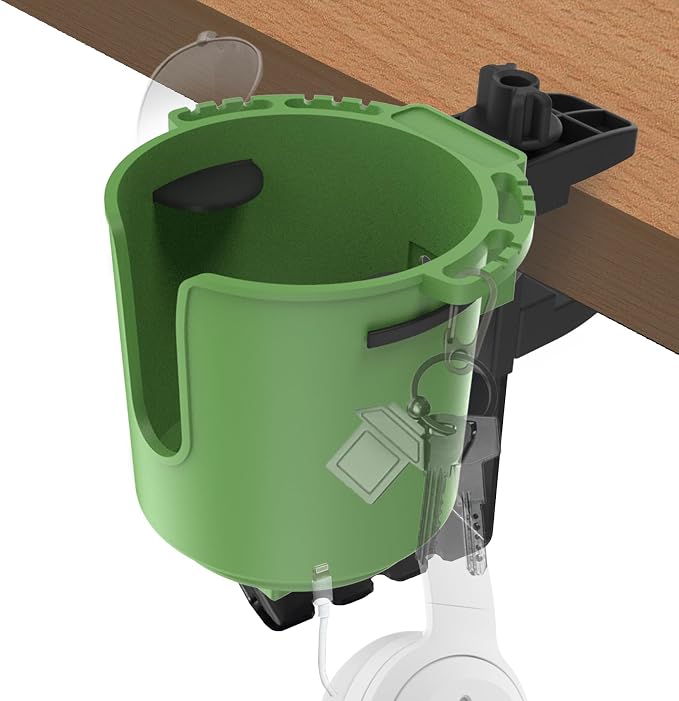 Desk Cup Holder with Headphone Hanger, Clip on Cup Holders for Desks with Spill-Proof Cup Design, Easy to Install, Enough to Hold 8-28OZ Coffee Cups, Water Bottles. (Green, Medium)