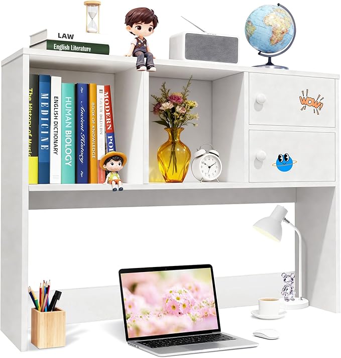 YGYQZ White Desk Hutch with 4 Storage Shelves, Desktop Bookshelf & Monitor Stand for Home Office, Space Saving Desk Organizer for Study Room, Dorm & Gaming Desk