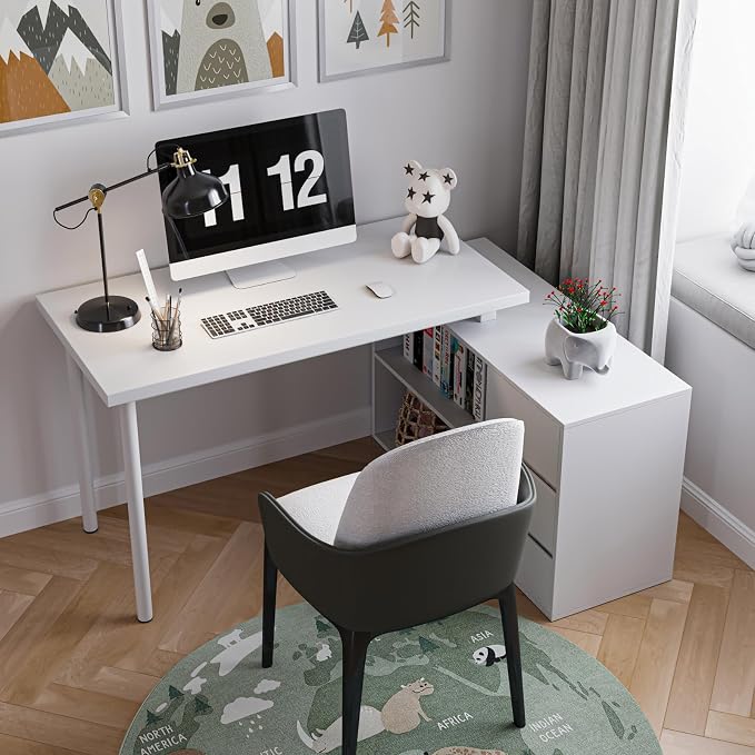 Mekminop L Shape Computer Desk with 3 Drawers and 2 Shelves, Home Office Desk Corner Small Desk with Storage Cabinet for Writing Study Executive – White