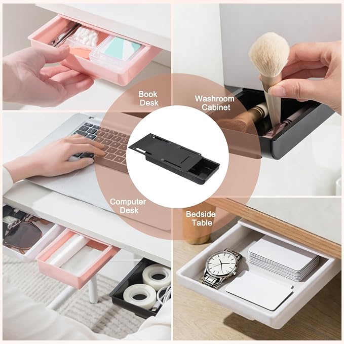 PATIKIL Under Desk Drawer Slide Out, 8.66 x 4.3" Plastic Table Storage Drawers Slide Out Storage Box for Laptop Study Desks Dining Dressing Tables Wardrobes Cabinets, Black