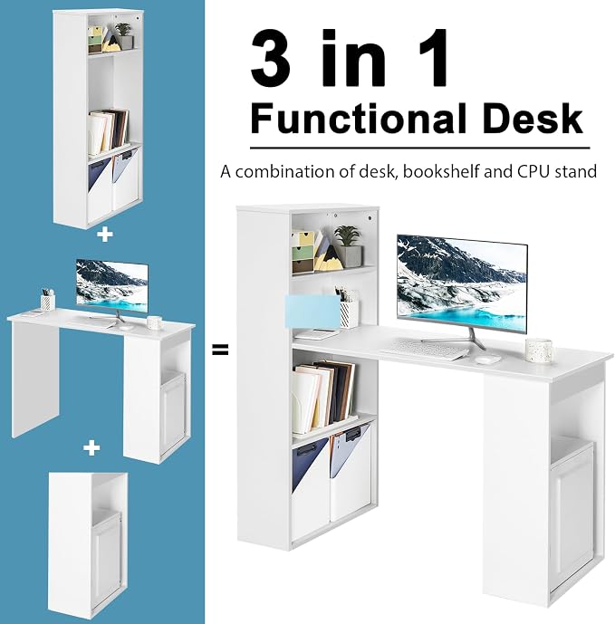Tangkula White Computer Desk with Bookshelf, Writing Study Desk with Storage Shelves & CPU Stand, Modern Compact Computer Workstation for Home & Office, Space-Saving Design