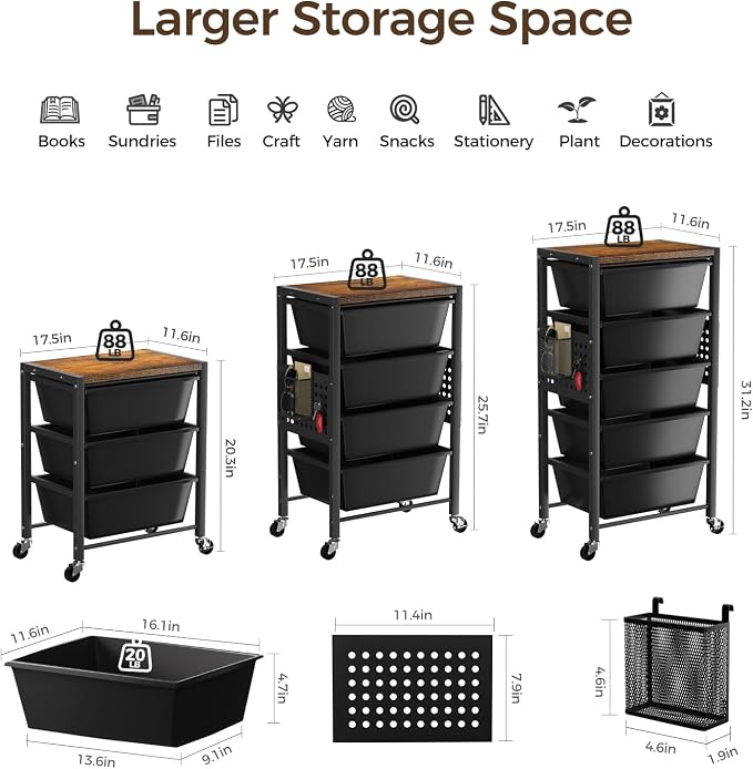 Rolling Cart with 4 Drawers, Plastic Drawer Storage Carts with Wheels & Wooden Tabletop, Metal Utility Cart with Pegboards, Office Living Room Classroom Craft Organization and Storage, Dark Black