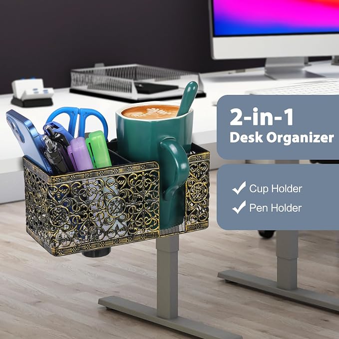 Desk Organizer Clip on Desk Cup Holder Pencil Holder for Desk Storage Beverages Phone Holder Desk Organizer and Accessories Office School Home