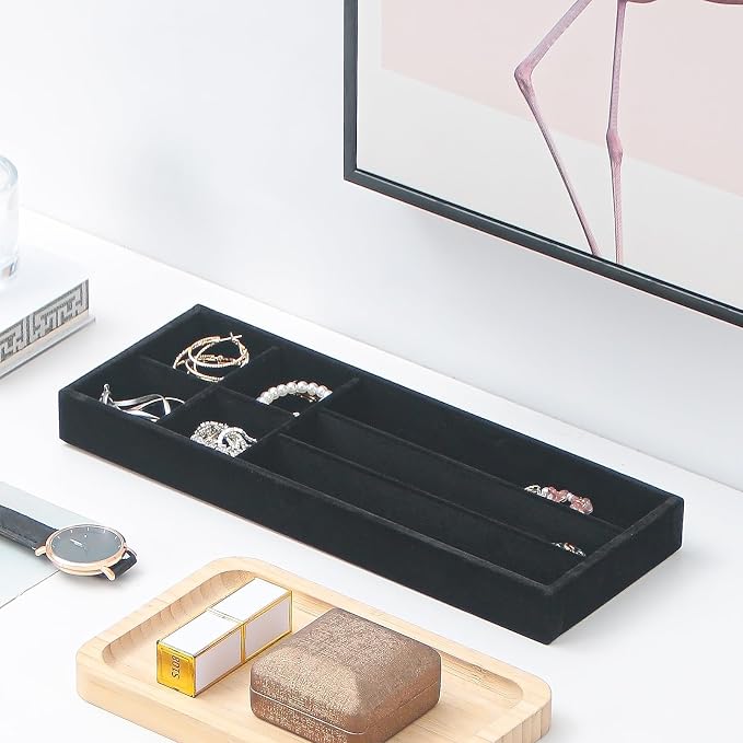 Divided Drawer Organizer Tray, Velvet Jewelry Storage Tray, Necklace Bracelet Ring Earring Display Tray,Bedside Nightstand Desk Holder Tray for Phone Watch Sunglasses Cosmetics Storage/Black/7grid