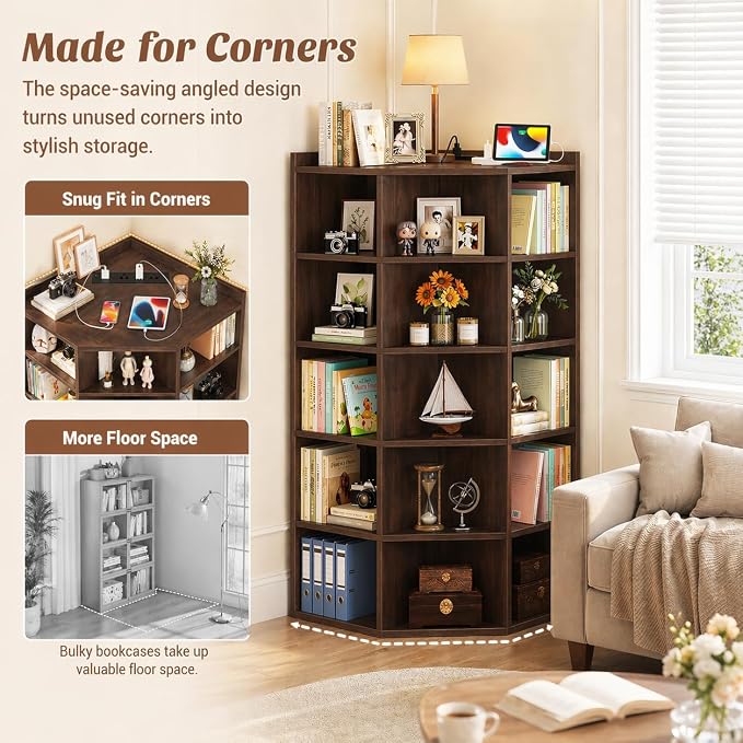 Aheaplus 7-Tier Wooden Corner Cube Bookshelf, Corner Storage Cabinet with 18 Cubes, Corner Cube Organizer Display Shelf with Top Table, Modern L Shaped Cubby Bookcase for Home Office, Black Walnut