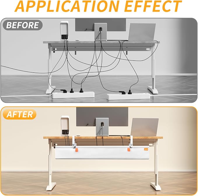 48" Under Desk Cable Management Tray, No Drill Desk Cable Management Wire Standing Desk Cord Organizer Clamp/Screw Mount, Cord Management Tray Fabric Desk Organizer for Home Office-White