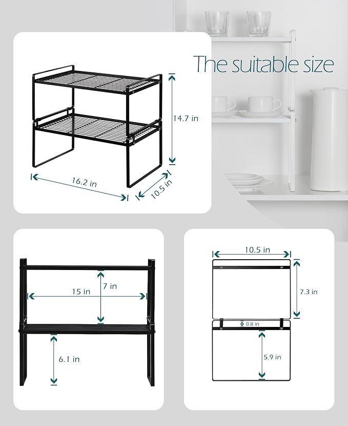 Shantton 2Pack Kitchen Cabinet Shelf Counter Organizer Rack Pantry Storage Bathroom Bedroom Office Table Desk Space Saving Stackable Rust Resistant Non Slip Black Wide L16.1in W10.6in H7.3in