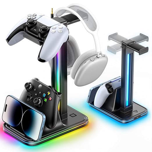 Kytok 4-in-1 Gaming Headset & Controller Stand for Desk, 360° Rotating Headphone Stand with Phone Holder, 10 RGB Modes for PC Gaming Enthusiasts, P5/SW/Xbx Controller Accessories