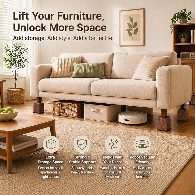 BTSD-home 3 Inch Wood Bed Risers Furniture Risers Bed Frame Lifters in Heights of 3 or 6 Inch Heavy Duty Set of 4 Square