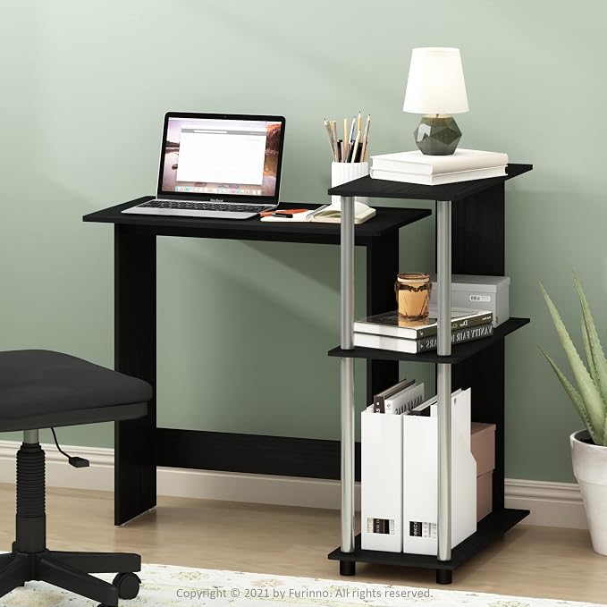 Furinno Abbott Corner Computer Desk with Bookshelf, Americano/Chrome