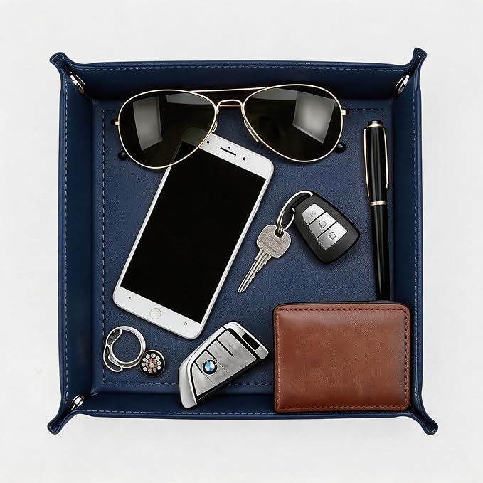 Valet Tray Desktop Storage Organizer – Vegan Leather Catchall Tray Bedside Vanity Tray Nightstand Caddy Holder for Remote Controller, Watch, Keys, Phone, Wallet, Coin, Jewelry, Navy