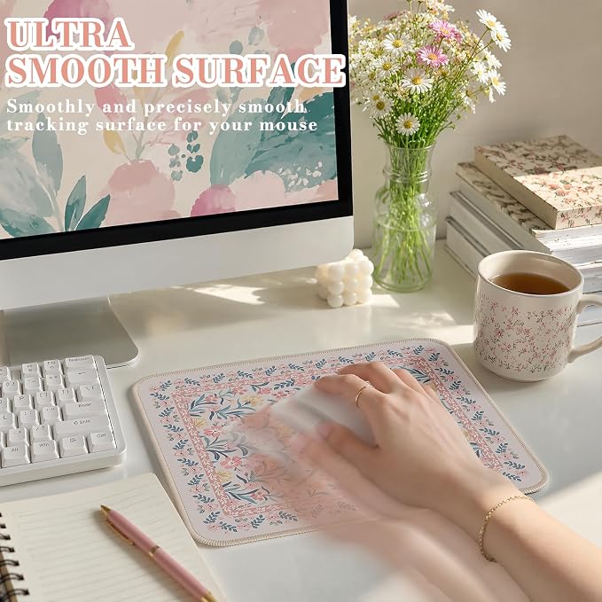 iCasso Aesthetic Small Floral Mouse Pad, Pink Mini Portable Travel Mousepad, Anti-Slip and Comfortable Cloth Mouse Mat 7.9"x9.5" with Stitched Edges for Computer, Laptop, Office, Home(Pink Floral)