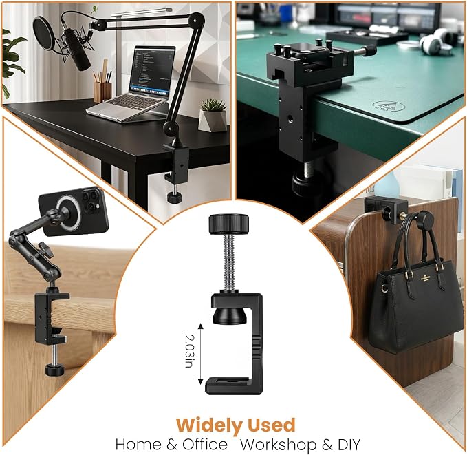 Heavy Duty C Clamp & Desk Clamp, Aluminum Alloy Table Mount with 1/4" & 3/8" Camera Tripod Adapter, Wide Jaw Design for Desk, Shelf, Camera Mount, Woodworking & Workbench (Black)