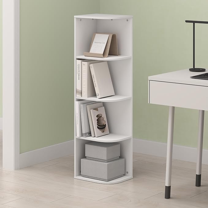 Frei 4-Tier Corner Bookcase, Bookshelf, for Home Office, Living Room, Bedroom, White