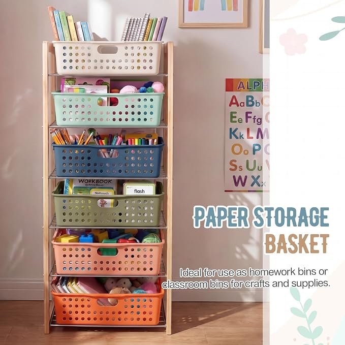 Geetery 6 Pack Classroom Storage Baskets with Handle 14''x10'' Paper Tray Holds A4 Turn in Trays Plastic Paper Baskets Desk Organizer Bin for Classroom, Library, Office, Home (Boho Color)