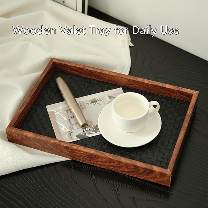 Wooden Valet Tray Valet Desk Organizer Tray with Leather Base Wooden Jewelry Tray, Nightstand Trays Holder for Wallets, Keys, Watches, Daily Necessities, Catch All Trays