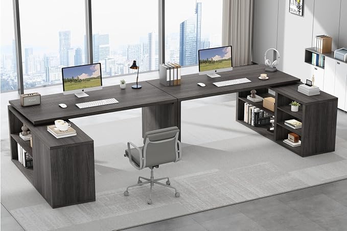 HSH L Shaped Computer Desk, Rustic Wood Corner Desk, Industrial Writing Workstation Table with Cabinet Drawer Storage for Home Office Study, Grey 55 inch