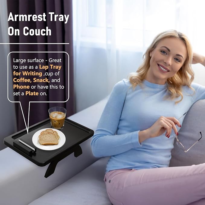 SINWANT Large Couch Armrest Table, 15.75"x 11.8" Bamboo Couch Arm Table with 360° Rotating Phone Holder,Foldable Anti-Slip Sofa Arm Tray for Snacks,Drinks,Remotes on Wide Armrest