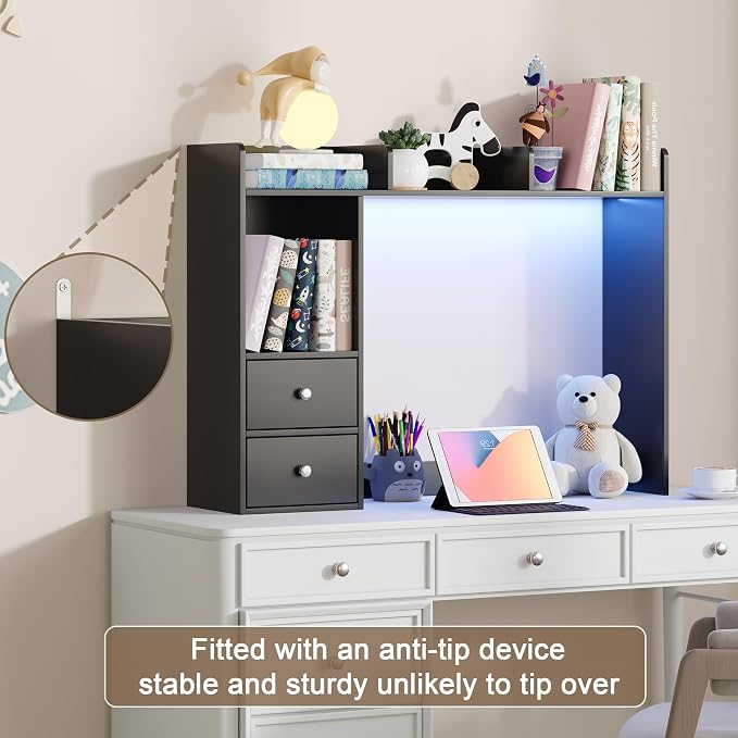ChooChoo Desktop Bookshelf with LED Lights, 36.6" Dorm Desk Hutch with 4 Shelves and 2 Drawers, Fits 27" Monitor, Desk Organizer Shelf for Dorm Office Home, Black