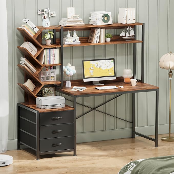 YOMILUVE Reversible Computer Desk with Hutch, Home Office Desk with Drawers and Bookshelf, 52'' Study Writing Desk with Storage Shelves for Bedroom Home Office, Rustic Brown