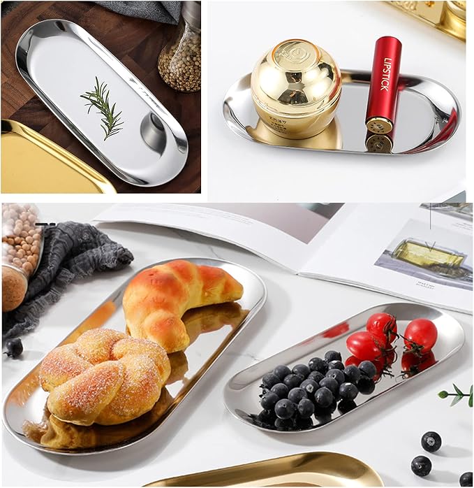 1 Pcs 9 Inch x 3.8 Inch Trinket Tray, Silver Stainless Steel, for Serving Trays Towel Storage Dish Plate Tea Fruit Trays Jewelry Plate Decorative Storage Tray