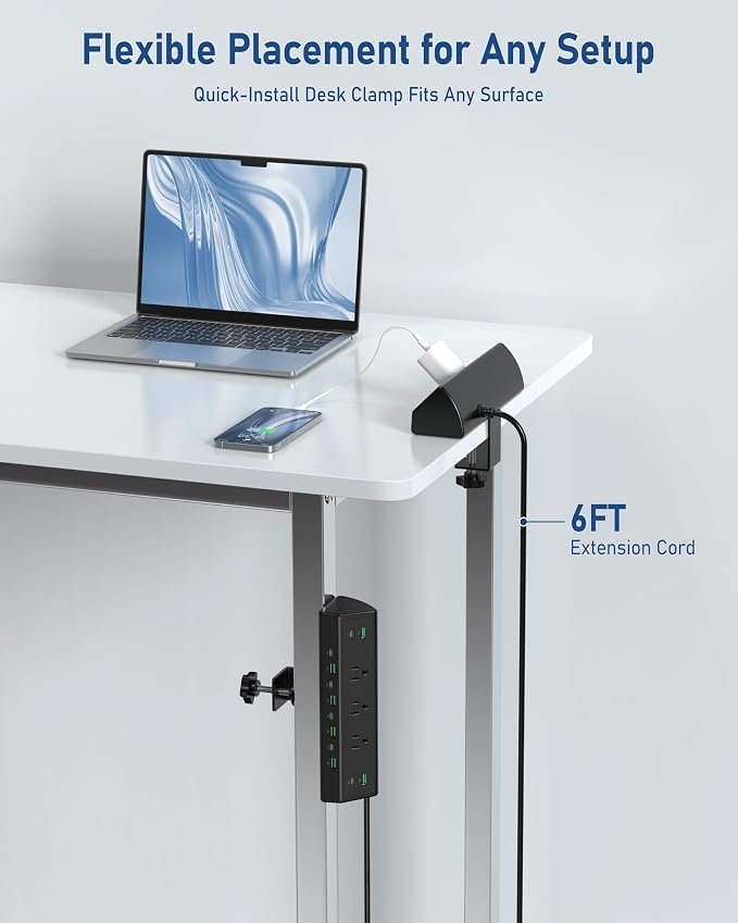 Jgstkcity 90W Desk Clamp Power Strip,12 USB Ports (6 PD 45W USB-C),Surge Protector,ETL Listed Power Hub Extension Cord,Fast Charging Station for Home Office Desk Edge Mount (Black,12 USB-90W)
