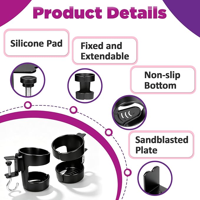 4Pcs 2-in-1 Desk Cup Holder, Compatible with Stanley and Owala Water Cup | Adjustable Anti-Spill Tumbler Clamp Organizer with Hook, Ideal for Office and Home Workstation (Black)