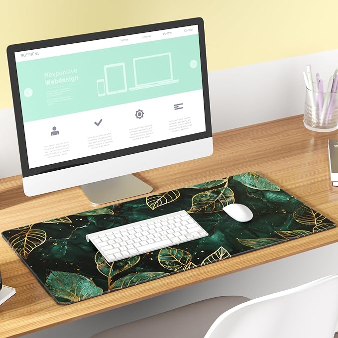 KTRIO Large Gaming Mouse Pad, Desk Mat, 31.5 x 15.7 in, Green Leaves, XXL | Smooth Micro-Weave Surface, Artistic Pattern Design, Non-Slip Rubber Base, Durable Stitched Edges, Office & Home Use