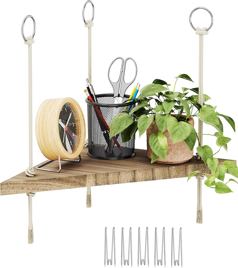 NiHome Fabric Cubicle Corner Shelf, Solid Wood Hanging Shelf with Cotton Rope, Tool-Free Metal Hook Installation for Office Cubicle Walls, Space-Saving Corner Storage Display Shelves (1 Pack)
