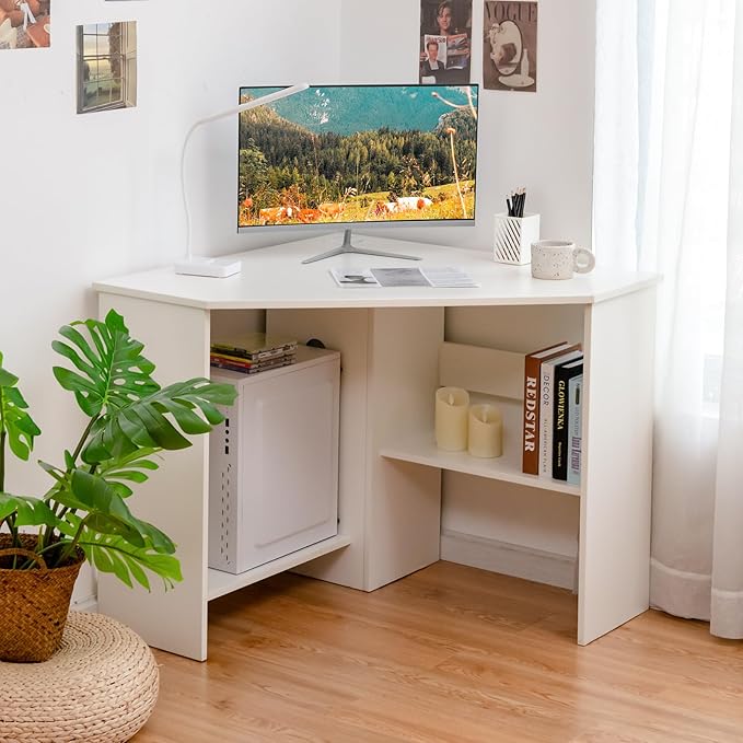 SlickBlue Corner Computer Desk with Triangle Design and Storage Shelf for Space-Saving