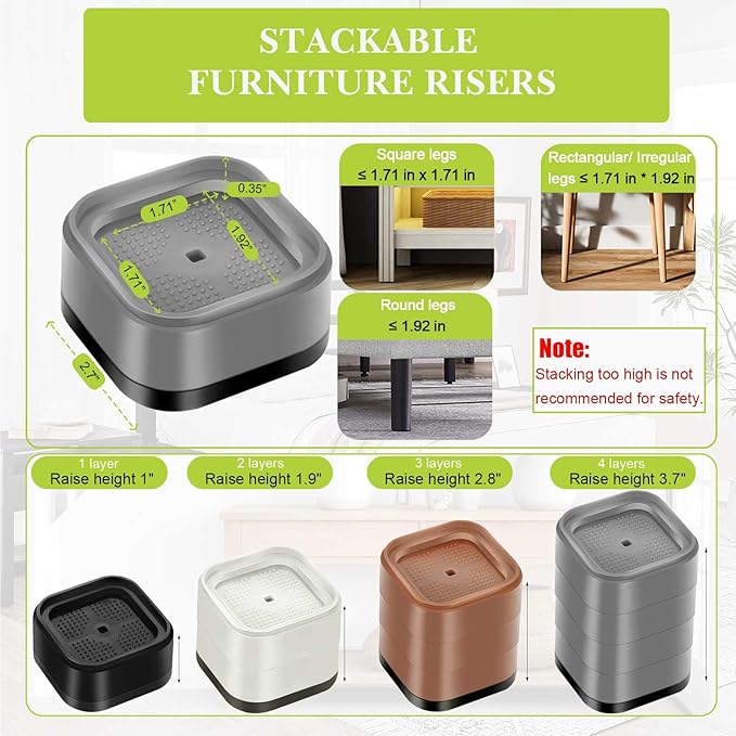 8 Pack Furniture Risers 4 Inch, Adjustable Bed Risers Heavy Duty for Table Desk Couch Chair Sofa Cabinet Bed Legs Dorm, Square Stackable Bed Raisers Blocks Lift Height 1", 2",3" or 4", Grey