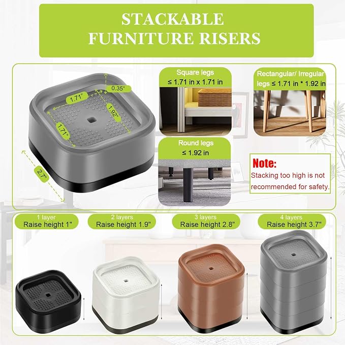 16 Pack Furniture Risers 1, 2 or 3 Inch, Adjustable Bed Risers Heavy Duty For Table Desk Couch Chair Sofa Cabinet Bed Legs Dorm, Square Stackable Bed Raisers Blocks Lift Height 1", 2" or 3", Grey