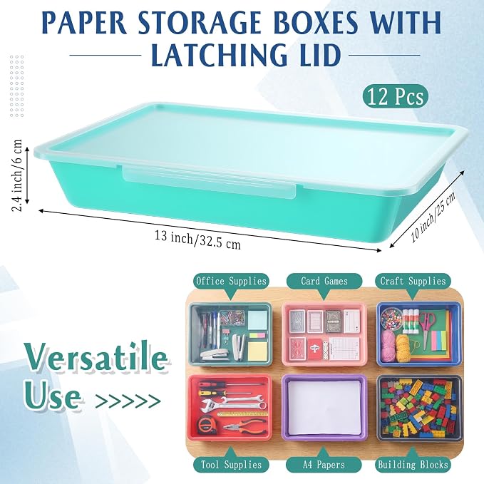 Tinlade 12 Pcs Classroom Paper Storage Bins with Clear Latching Lid, Label Stackable Letter Size Flat Tray Container for Teacher Back to School Supplies Home Office Desk Arts Crafts (Vibrant,13x10in)