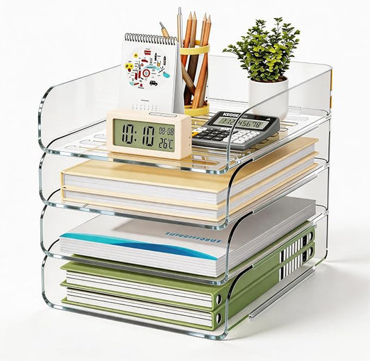 HIYOHIYO Clear Office Desk Organization for A4 Letter Paper, 4-Tier | Vertical Style, Stackable, Large Capacity, Sturdy Office Organizer for File Folder, Stable Home Desktop Holder and Storage