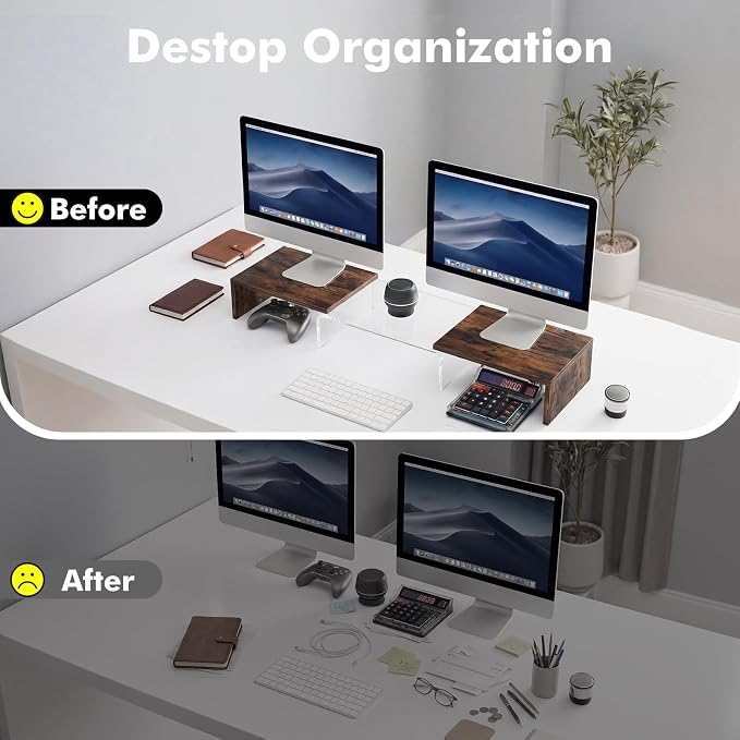 Dual Monitor Riser, Acrylic Monitor Riser with Keyboard Storage, Adjustable Angle & Length Computer Monitor Stand, Wide Desk Shelf for Top of Desk for Home Office_Wood Look