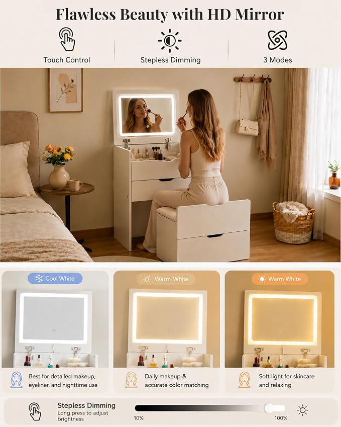 Small Vanity with Mirror and Lights for Small Space, 3-in-1 Compact Makeup Vanity Desk with Storage, Flip Top Vanity Table with Hidden Stool, 3 Color Mode, Drawers & Jewelry Organizer, Mini Vanity Set