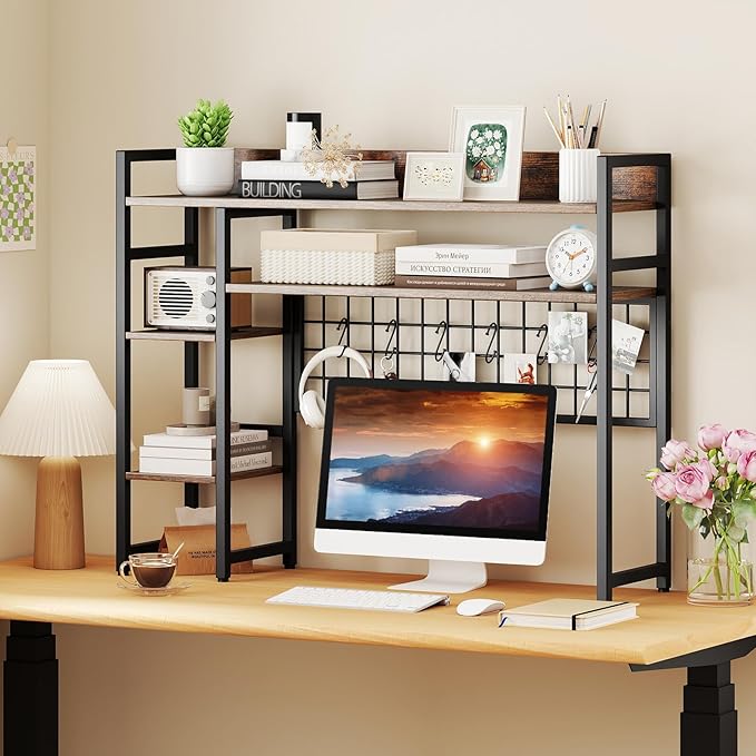 Tangkula Desktop Bookshelf for Computer Monitor Up to 32”, 37" x 29" Countertop Storage Hutch with 4 Open Storage Shelves, Grid Panel, Anti-tip Device, 4-Tier Desktop Display Shelves for Home Office