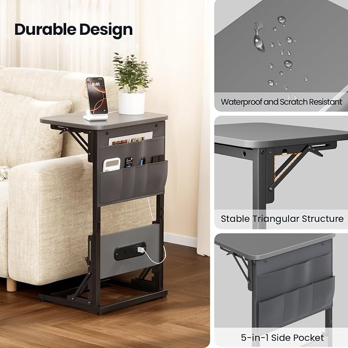 HLDIRECT C Shaped End Table with Charging Station, Couch Side Table with Storage Bag, Foldable TV Tray with 2 USB Ports and Outlets for Living Room, Bedroom, Gray