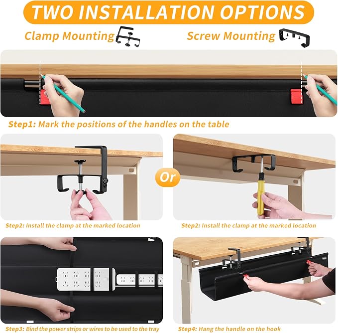 No Drill Under Desk Cable Management, 36" Desk Cable Management Tray, Standing Desk Cord Organizer Clamp Screw Mount, Cable Management Under Desk Black Fabric Desk Organizer for Home Office